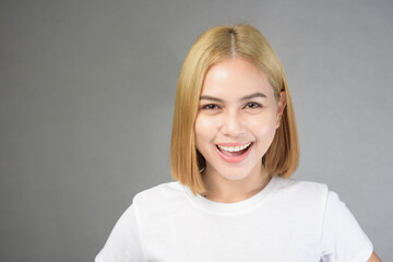 portrait of short blonde hair woman in studio