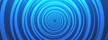 Vector Abstract Blue Background. Color Tunnel Design. Texture Of Circles Twisted Into Spiral, Hypnosis, Maze. Design Of Banner, Poster For Website, Frame For Social Networks. Neon Glow.