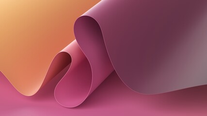 Wall Mural - 3d render, abstract background with folded paper scroll, modern wallpaper with yellow pink gradient, curvy folds