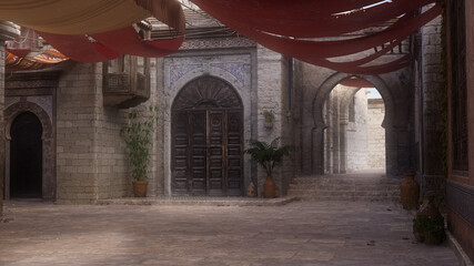 Poster - Empty shaded courtyard in a medieval Arabian city street with patches of sunlight. 3D rendering.