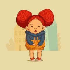 Little girl with hair buns, vector illustration. Cute redhead girl with two big hair buns wearing hooded dress standing against buildings' silhouettes. Cartoon kid, happy toddler, lovely child