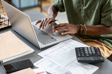 Poster - Hands of young African man typing on laptop keypad while working in the net and analyzing online financial information