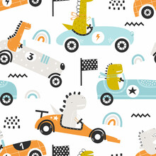 Vector Hand-drawn Seamless Childish Pattern With Cute Funny Dinosaur Rides In A Racing Car On A White Background. Kids Texture For Fabric, Wrapping, Textile, Wallpaper, Apparel. Scandinavian Design.