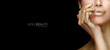 © Casther - Beauty and skin care concept. Beautiful model girl with healthy glowing skin wearing gold cosmetics. Beauty panorama banner isolated on black