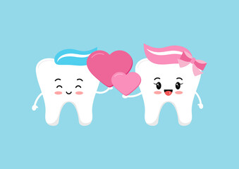 Wall Mural - Tooth couple in love with hearts in hand. Happy Valentines Day cute teeth holds pink hearts. Flat design cartoon funny dental character vector illustration. 