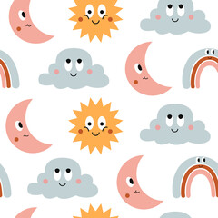 Poster - Colorful seamless pattern of funny cartoon icons sun, cloud, moon and rainbow isolated on white background. Cute vector characters illustration