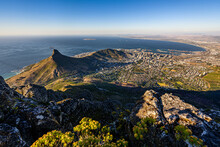 The Lion's Head Peak With The View Over Cape Town City Centre And The Ocean.