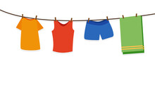 Clothes Hanging From A Wire To Dry, Vector Illustration In A Flat Style.
