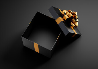 Black opened empty gift box with golden ribbon isolated on black background - 3D illustration