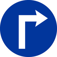 Compulsory Turn Right Sign. Blue Circle Background. Traffic Signs And Symbols.