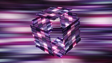 Poster - Abstract glowing cube covered by blinking digital tiles. Motion. 3D cubic shape with moving sides on shimmering rays background.