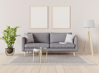 Poster - Living room interior with sofa, floor lamp and plant. Two picture mock ups on the wall 3D render. 3D illustration.