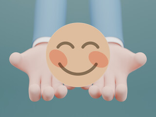 Wall Mural - Hand holding paper cut happy smile face, Positive thinking, Mental health assessment, World mental health day concept, 3d rendering illustration