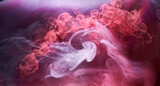 Fototapeta  - Pink smoke on black ink background, colorful fog, abstract swirling touch ocean sea, acrylic paint pigment underwater