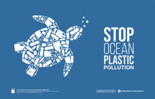 Concept Of Stop Ocean Plastic Pollution, Ocean Environmental Problem, Marine Animal Turtle Composed By Plastic Litters, World Ocean Day