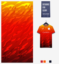 Soccer Jersey Pattern Design.  Abstract Pattern On Orange Background For Soccer Kit, Football Kit Or Sports Uniform. T-shirt Mockup Template. Fabric Pattern. Abstract Background. 