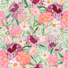 Wall Mural - Spring flowers seamless pattern. Botanical background. Arrangement of pink and white wildflowers.