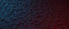 Red And Blue Contrast Dark Irregular Hexagonal Pattern. Colorful Background. Abstract Honeycomb Background In Grey Color. 3D Render. Pure Horizontal Banner Wallpaper. Carbon Elegant Wedding BG