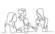 three diverse young professionals holding smartphones discussing work as team continuous line drawing