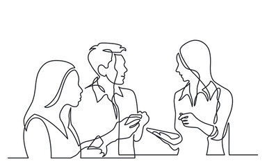 Canvas Print - three diverse young professionals holding smartphones discussing work as team continuous line drawing