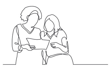 Poster - two diverse team members discuss work project on paper during meeting continuous line drawing