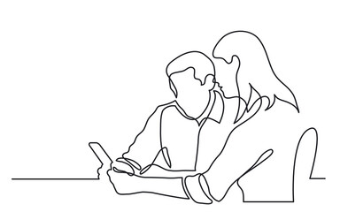 Poster - two young professionals discussing project as team on tablet continuous line drawing