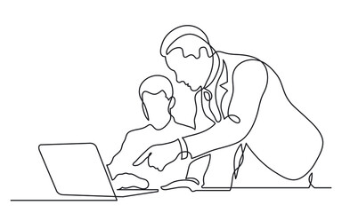 Poster - business executive shows work directions to office worker on laptop computer continuous line drawing