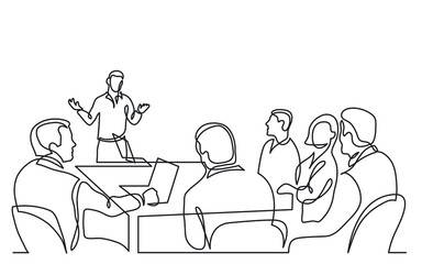 Poster - diverse office workers ask questions to presentation speaker in meeting room continuous line drawing