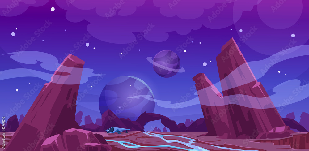 Spaceship on alien planet surface at night. Vector cartoon illustration ...