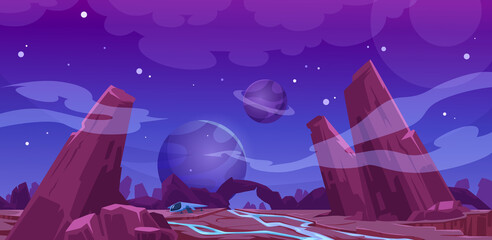 Poster - Spaceship on alien planet surface at night. Vector cartoon illustration of futuristic landscape in cosmos with rocks, water stream, shuttle, stars and planets in sky. Fantasy background for space game