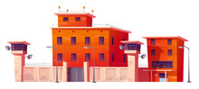 Prison, Jail With Fence, Red Brick Walls, Watchtowers And Grating On Windows. Vector Cartoon Illustration Of Building For Guard Prisoners And Criminal Convicts, Penitentiary House