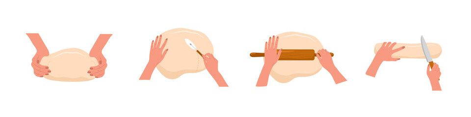 Kneading dough hands. Woman rolls homemade dough with rolling pin. Top view. Cooking school. Stay home and cook healthy food by recipe. Vector illustration in flat cartoon style.