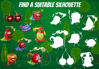 Poster - Find a suitable silhouette of wizard, mage, warlock and fairy berry characters of kids game quiz worksheet. Vector education game, puzzle, riddle or maze on background of garden with berry personages