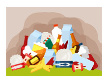 Dump of unsorted garbage illustration. Environmental pollution with non-degradable plastic glass and food waste unauthorized landfills that lead to environmental problems. Vector cartoon dumpster.