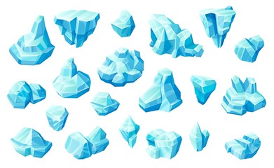 Poster - Ice cubes and crystals, blue frozen blocks game asset. Cartoon icicles, iceberg, magic stones, vector iced floes, salt mineral or cave stalagmites. Cap snowdrifts, winter ice or glass set