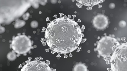 Wall Mural - COVID-19 Corona virus with spike glycoprotein are floating on the air with dust particle bokeh . Dark black and white color background . 3D rendering .