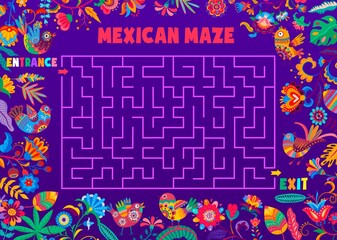 Poster - Labyrinth maze game. Cartoon mexican flowers and birds vector game worksheet. Kids square labyrinth, pathfinding puzzle and riddle. Find way game worksheet with cartoon national mexican ornament
