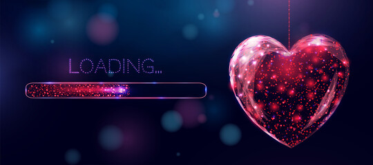 Wall Mural - wireframe red heart and loading bar, low poly style. happy valentine's day banner. abstract modern 3