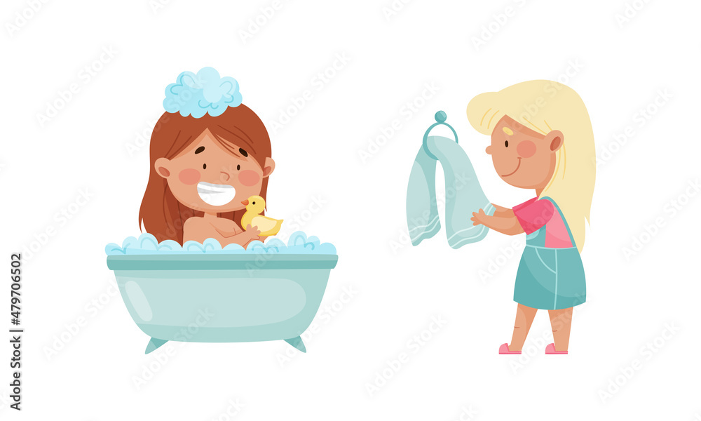 Cute happy kids daily routine set. Little girls taking bath and wiping ...
