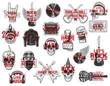 Rock Music Icons, Rock And Roll, Punk Band Show Symbols. Vector Human Skull With Mohawk Hairstyle And Headphones, Jacket, Electric Guitar And Vinyl Disc, Horns Gesture, Fist With Bracelet And Biker