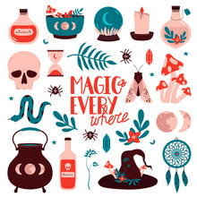 Vector Witchcraft Magical Stickers With Lettering. Collection Esoteric Magic Cliparts. Witch Mystical Symbol, Skull, Sphere, Fly Agaric, Vial, Witch Hat, Magic Herbs. Flat Illustrations For Merch.