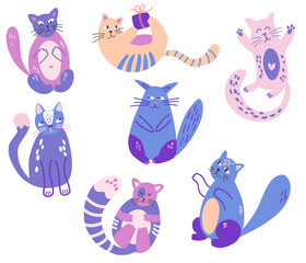  Funny cats set. Cute cartoon cat in various poses. Purebred pets isolated on a white background. Flat vector illustration.