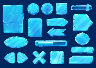 Poster - Ice crystal user panel interface buttons, sliders, arrows and keys game asset ui set. Blue iced vector menu azure textured blocks, gui frozen cartoon 2d life, loading bar, cross and plaques