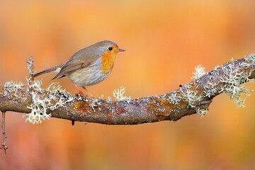 Wall Mural - Tiny european robin, erithacus rubecula, sitting on a branch covered by lichen in autumn nature. Small bird resting on a twig with blurred orange background. Animal wildlife on a tree in the morning.