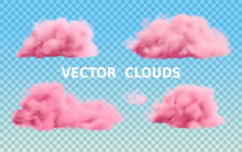 Realistic Pink Clouds Set Isolated On Transparent Background. Vector Fluffy Smoke Collection In A Blue Sky.