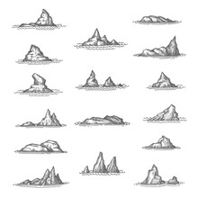 Sea Rocks, Rock Outliers And Reefs With Shallows, Vector Sketch. Ocean Island Stones And Beach Landscape Rocks With Coast Shore Cliffs And Mountains In Water Waves, Pencil Sketch Monochrome