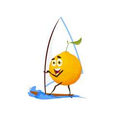 Poster - Yellow lemon citrus surfing on water isolated cartoon character. Vector summer fruit waterskiing, kiteboarding sport activity. Food emoticon on holiday summertime vacation, extreme sport activity