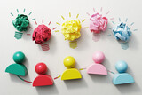 Teamwork and creativity concept. Top view of many people blocks and cubes with icons.