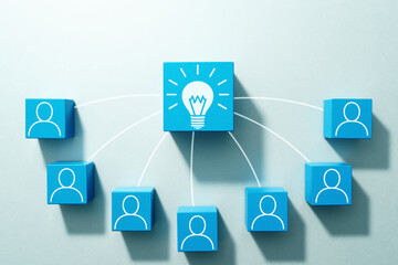 Poster - Teamwork of idea creation. Top view of many wood cubes with icons.