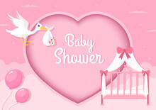 Baby Shower Little Boy Or Girl With Cute Design Stork, Cloud Background Illustration For Invitation And Greeting Card